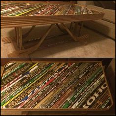 two pictures of a coffee table made out of magazines and wooden slats, with the same design on each side