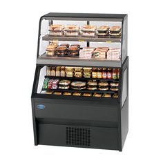 Perfect for cafes, coffee shops, and convenience stores, the Federal CH4828/RSS4SC 48" black dual service dual temperature merchandiser provides the perfect combination of environments to display and sell a wide range of products. It features an open, refrigerated bottom display to accommodate cold, bottled beverages, prepackaged salads, and other grab-and-go options great for your busy, on-the-move customers. On top of the refrigerated display is a heated display, which is ideal for hot sandwic Cafe Display Ideas, Grab And Go Cafe, Dispensary Ideas, Bar Remodel, Black Metal Shelf, School Bus House, Cafe Display, Mini Mart, Grocery Store Design