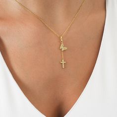 Cross With Butterfly, Pretty Gold Necklaces, Triple Chain Necklace, Necklace Butterfly, 14k Yellow Gold Necklace, Necklace Cross, Y Necklace, Rose Gold White, White Gold Necklaces