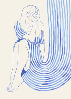 a drawing of a woman sitting in front of a blue and white striped wallpaper