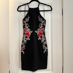 New With Tags! Black Rose Print Dress For Night Out, Chic Embroidered Mini Dress For Night Out, Express Clothing, Full Sequin Dress, Velvet Skater Dress, Express Outfits, Summer Tank Dress, Fitted Mini Dress, Purple Mini Dresses