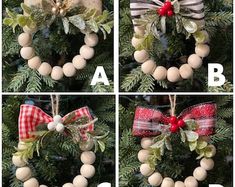 four pictures showing how to make an ornament for a christmas tree with balls and bows