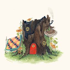 an illustration of a tree stump with a red door in the middle and mushrooms growing out of it