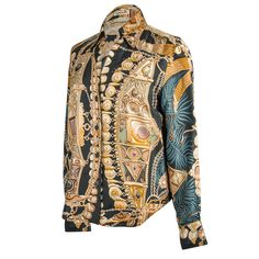 Guaranteed authentic Hermes silk blouse features Terres Precieuses motif. Depicts lush treasures from different cultures.Beautiful palette of smoky blue, cream, light gold, taupe, smoky lavender, greens.Small hidden buttons secure collar.4 front buttons on curved placket and 1 buttons on each cuff.Fabric is silk.See se Silk Long Sleeve Top With Baroque Print, Luxury Silk Printed Blouse, Luxury Printed Silk Tops, Gold Baroque Print Formal Tops, Gold Baroque Print Top For Formal Occasions, Formal Gold Top With Baroque Print, Formal Gold Tops With Baroque Print, Luxury Multicolor Silk Tops, Formal Silk Blouse With Print