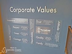 blue wall with 11 acrylic panels with values like Attitude, Trust, Family, Courage, Quality, Respect, Innovative.  The words Corporate Values are above the panels and are made from one half inch brushed aluminum.  Modern and striking - very unique and one of a kind Office Mission Statement Wall, Core Values Wall Art, Company Mission Statement Design, Corporate Core Values Design, Corporate Bulletin Board Ideas, Mission Vision Values Design Poster, Corporate Values Poster, Corporate Values Wall, Company Bulletin Board