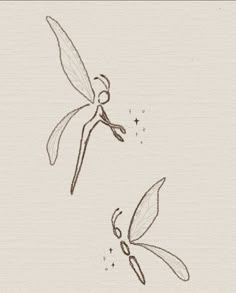 a drawing of two dragonflies flying in the sky