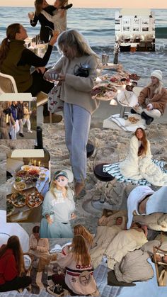 collage of people sitting on the beach eating food and drinking wine while others watch