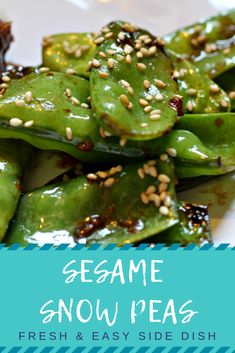 sesame snow peas with fresh and easy side dish on a white plate, topped with sesame seeds