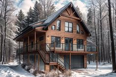 a large wooden house in the middle of a snowy forest with stairs leading up to it