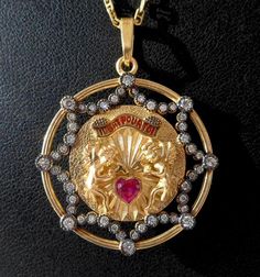 Vintage french ' il bat pour toi ' the 70's charm pendant set 1 heart cut natural ruby 0.30 ct ( dim 4 x 4 x 3 mm ) & 48 modern cut diamonds 0.02 ct for a total of diamonds 0.98 ct, solid yellow gold 18k, weight 10.80 gr, center diameter 30 mm ( 1 3/16 inch ), movable cherubs, hallmarked : 1 eagle head french punch 750 ( gold 18k ), natural orange patina. Vintage Diamond Jewelry For Valentine's Day, Collectible Medallion Jewelry For Valentine's Day, Collectible Pendant Jewelry For Valentine's Day, Victorian Yellow Gold Necklace With Heart Charm, Gold Vintage Heart Pendant Charm, Yellow Gold Heart Pendant With Vintage Charm, Vintage Charm Heart-shaped Yellow Gold Jewelry, Heart-shaped Brass Necklace With Vintage Charm, Mermaid Pendant