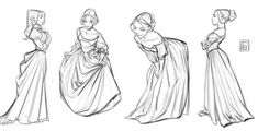 four sketches of women in evening gowns