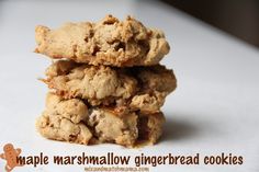 three cookies stacked on top of each other with the words maple marshmallow gingerbread cookies