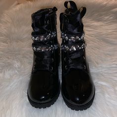 Beautiful Fall Boots For Your Little Fashionista. Black Glossy High Shine Leather With Rubber Soles. Inner And Outer Zipper With Rhinestone, Buckle Detail, And Ribbon Laces. Inner Zipper Is Functional. Black Rhinestone Boots With Round Toe, Black Rhinestone Round Toe Boots, Brown Chukka Boots, Toddler Girl Boots, Black Wedge Boots, Ribbon Laces, Girls Ankle Boots, Cozy Boots, Fall Boots