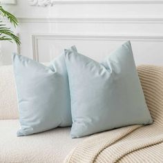 two light blue pillows sitting on top of a couch next to a potted plant