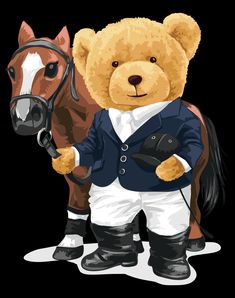 a brown teddy bear wearing a suit and holding a horse