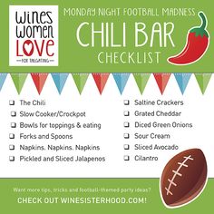 a flyer for the women's night football game, chilli bar checklist