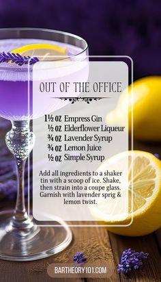 a purple drink with lemon slices and lavender on the side, next to it is an advertisement that says out of the office