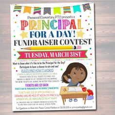 PRINTABLE EDITABLE PRINCIPAL FOR THE DAY FLYER TEMPLATE *ALL TEXT IS EDITABLE SO YOU CAN CREATE THIS TO SAY WHATEVER YOU WISH - TO CUSTOMIZE FOR YOUR SCHOOL OR ORGANIZATION!Looking for a unique fundraiser event idea?! This printable PRINCIPAL FOR A DAY flyer template is yours to keep forever to use for countless years! A great fundraising idea and tool for your school PTO PTA Organization, to raise money for your cause!________________________________________________ FULL EDITING OPTIONS WITH TE Principal For The Day, Principal For A Day, Fundraiser Ideas School, Pta Organization, School Fundraising Events, Unique Fundraisers, Pta Fundraising, Fundraiser Event