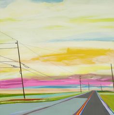 a painting of an empty road with power lines in the distance