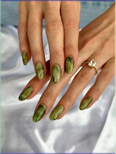 30 stunning chrome French tip nail designs that will make you stand out at weddings, birthday parties, graduations, and any special occasion Green Nail Art Short Nails, Periodt Green Nails, Green Nails Aesthetic Vintage, Fun Gel X Nails, Jade Short Nails, Jade Green Marble Nails, Fall Nails Short Design, Almond Nails Trendy Fall 2024, Olive Green Marble Nails