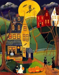 an image of a halloween scene with pumpkins on the ground and houses in the background