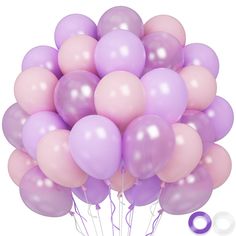 a bunch of balloons are in the shape of a bouquet with purple and pink colors