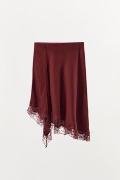 LACE TRIM SLIP SKIRT - Dark red | ZARA United States Dark Red Skirt, Silk And Lace, Lace Midi Skirt, Silk Set, Red Skirt, Burgundy Lace, Cardigan Sweater Jacket, Slip Skirt, Tshirt Skirt