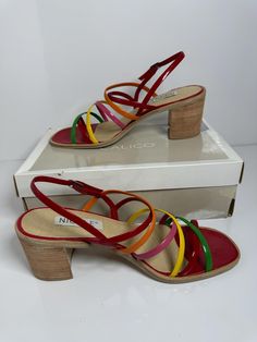 Strappy multi colour Patent 3" High Heel Ladies Shoes Calico Vintage  Size 10M Open Toe  Sandals Wedge Heel Made in Brazil Nicole Clean inside and very little wear to the sole.  please examine photos as they are part of the description. Multicolor Open Heel Wedge Sandals For Party, Rainbow Open Toe Platform Heels, Multicolor Platform Heels With Ankle Strap, Spring Rainbow Open Toe Heels, Multicolor Open Heel Summer Heels, Multicolor Block Heel Sandals For Spring, Multicolor Open Toe Heels, Multicolor Leather Wedge Sandals For Summer, Summer Multicolor Ankle Strap Wedge Sandals