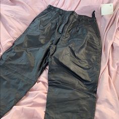 Never Worn Casual Leather Trousers, Casual Black Leather Pants For Spring, Casual Leather Trousers For Spring, Casual Leather Pants For Night Out, Spring Leather Pants With Pockets, Casual Leather Pants For Spring Streetwear, Casual Spring Parachute Pants For Night Out, Casual Parachute Pants For Night Out In Spring, Pants Color