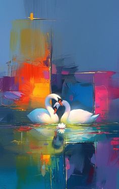 two white swans floating on top of a body of water with colorful squares in the background