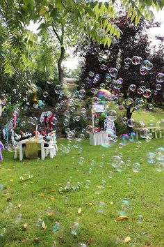 a group of children are playing with bubbles in the grass near a table and chairs