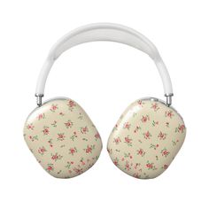 a pair of white headphones with pink flowers on them, against a white background