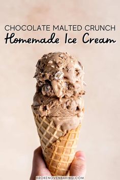 chocolate malted crunch homemade ice cream in a waffle cone with text overlay