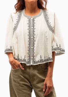 The Perkins is a printed blouse by Isabel Marant Étoile featuring a button closure in the front and embroidered details. 100% Cotton Dry Clean Model is 5’8” and wearing a size 36. Runs true to size, we recommend taking your usual size. Model’s Measurements: 26” waist 34” hips 34" bust Isabel Marant Blouse, Embroidered Cream Button-up Top, Zara Embroidered Top, Isabel Marant Etoile, Fashion Diy, Embroidered Details, Embroidered Top, Printed Blouse, Diy Fashion