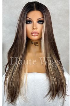 90s inspired 28 Inch Long Brunette Brown Wig With Blonde Streaks / Highlights. Frame that beautiful face with this money piece wig. It has a Lace Front And Fixed Lace Center T Parting Straight, With Blonde High / Low Lights Our Luxury Wig Is Made Of Premium Quality Synthetic Hair Fibers Mixed With Human Hair For An Outstanding Wig. Heat Resistant 130-160oC (266-320oF), She Should Never To Be Dyed Or Bleached. So Beautiful ! A Head Turner ! Very Soft. Realistic Feel and Look Full Density. Lusciou Blonde Highlights Front Pieces, Dark Brown Hair Blonde Front Pieces, Front Two Pieces Of Hair Dyed, Ash Brown Hair Money Piece, Brown Hair With Highlights Wig, Front Bleached Hair Streak, Money Piece Straight Hair, Dark Hair With Highlights Blonde, Front Hair Dyed Streaks