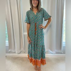 Beautiful New W Tags Flowy Maxi Dress Floral Light Weight Sleeve Trim Tie Waist Perfect For Any Season! Casual Orange Maxi Dress With Short Sleeves, Casual Orange Short Sleeve Maxi Dress, Spring Vacation Maxi Dress By Amazon, Spring Vacation Maxi Dress From Amazon, Casual Beach Maxi Dress By Amazon, Amazon Casual Beach Maxi Dress, Casual Amazon Maxi Dress For Beach, Casual Orange Flowy Maxi Dress, Flowy Vacation Dress By Amazon