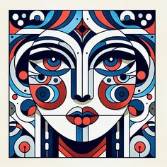 an abstract painting with blue, red and white shapes on it's face is featured in this image