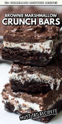 brownie marshmallow crunch bars are stacked on top of each other with the words, must try recipe