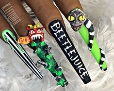 Halloween Nails Acrylic Beetlejuice, Bettle Juice Nail, 9 Inch Nails, Bettel Juice Nail