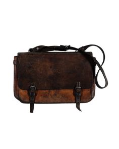 a brown and black leather bag on a white background