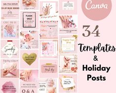 a collage of pink and white images with text that reads,'34 templates & holiday posts