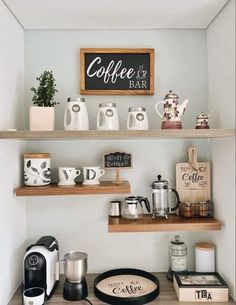 some shelves with coffee cups and other items on them