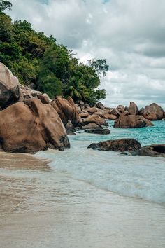 an ocean beach with rocks and water