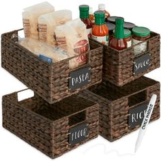 two brown baskets filled with food and condiments