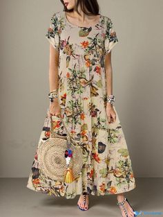 Orcajump - Vintage Floral Print Short-sleeve Round Neck Dress Casual Printed Beige Midi Dress, Casual Beige Printed Midi Dress, Casual Beige Floral Print Maxi Dress, Casual Beige Midi Dress With Floral Print, Round Neck Dress, Round Neck Dresses, Vintage Floral Print, Crewneck Dress, Orange Flower