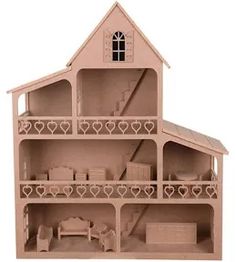 a wooden doll house with furniture and accessories