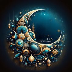 an artistic illustration of a crescent with stars and moon in the middle, on a dark background