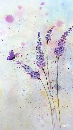 some purple flowers and a butterfly on a white background with watercolor splashes in it