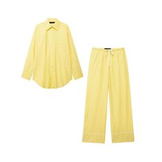 Made with lightweight materials, this set is perfect for any casual occasion. The loose shirt provides a relaxed fit while the straight pants offer a classic look. - Color: Yellow- Style: Shirt + Pants- Pattern Type: Stripes- Sleeve Length: Long Sleeve- Neckline: Collar- Pants Length: Full Length- Fabric: Polyester- Closure Type: Button- Fit Type: Loose Fit- Occasion: Casual- Gender: Women- Size: XS, S, M, L (Unit: cm) Shirt Size Bust Shoulder Sleeve Length XS 116 53 56 83 S 120 54 57 84 M 124 5 Yellow Relaxed Fit Loungewear Sets, Casual Cotton Loungewear Pant Set, Yellow Relaxed Fit Lounge Sets, Casual Relaxed Fit Pant Set For Loungewear, Casual Summer Sets With Straight Pants, Summer Cotton Button-up Pants, Casual Cotton Pant Set With Straight Pants, Casual Cotton Wide Leg Sets, Casual Relaxed Fit Pant Set With Pockets