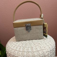 The Cutest Mini Handbag. Nwt. Was For Cosmetics But Still Would Be So Great As A Purse. Small Stain In The Back As Shown In Picture. Beige Square Box Bag For On-the-go, Beige Rectangular Satchel With Snap Closure, Rectangular Beige Satchel With Snap Closure, Mini Handbag, Mini Handbags, Mini Bags, Mini Bag, The Cutest, Straw Bag